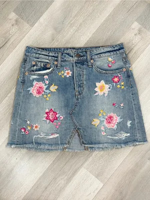 American Eagle Boho Floral Embroidered Distressed Denim Jean‎ Mini Skirt Blue 2 thumbnail 3