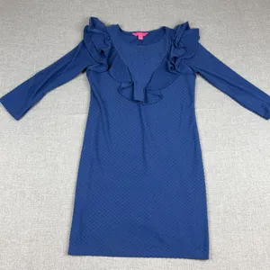 Lilly Pulitzer Dress Womens Medium Blue Polka Dot Ruffle 3/4 Sleeve Shift Knit thumbnail 1