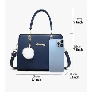 Navy Blue PU Leather Satchel Crossbody‎ Bag Heart Hardware Pom Pom Charm thumbnail 4