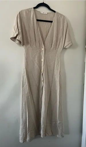 Mango Beige Linen Blend Midi Shirt Dress 4 Button Front Coastal Euro Summer thumbnail 1