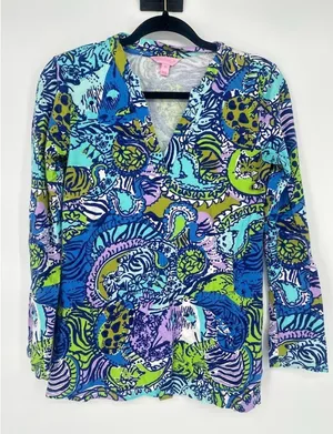 LILLY‎ PULITZER Odette Cattitude Knit Tunic Top Cat Tiger Colorful Artsy Size XS thumbnail 1