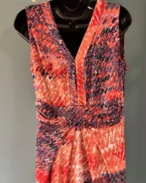 Simply Vera Wang Womens L Sleeveless V Neck Fit Flare Dress Orange Abstract thumbnail 1