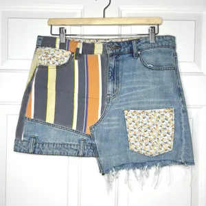 BDG Denim Mini‎ Skirt Asymmetrical Patchwork Striped Floral Size Large thumbnail 2