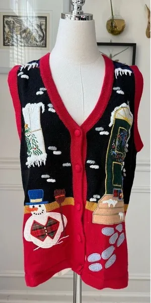 Vintage OHI Christmas Appliqué Embroidered Button Front Sweater Vest S thumbnail 1