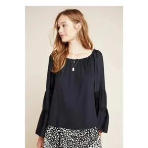 Anthropologie Black Off Shoulder Ruffled Hippie Fairy Peasant Top thumbnail 7