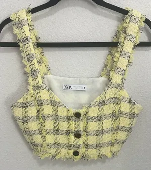 Zara Textured Weave Frayed Hem Yellow Black Tweed Clueless Crop Top Y2K Medium thumbnail 1