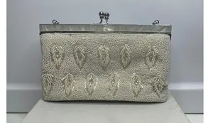 Handmade Vintage Ivory white All Beaded Top Handle Bag With Mother Of Pearl Detailing thumbnail 1