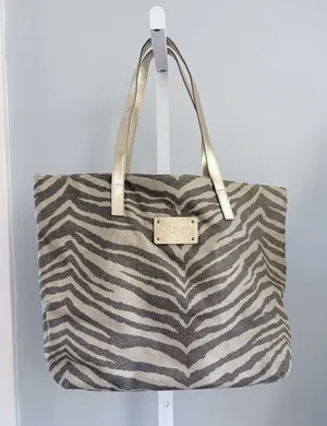 Michael Kors Metallic Gold Zebra Print Canvas Shoulder Tote Bag thumbnail 1