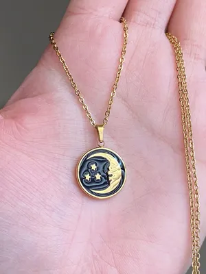 Handmade gold tone stainless steel & black enamel celestial whimsical vintage style necklace🌟 thumbnail 6