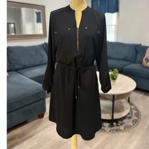 Apt. 9 Black Utility Shirt Dress Gold Zip Cinch Waist Long Sleeve Office Chic L thumbnail 2