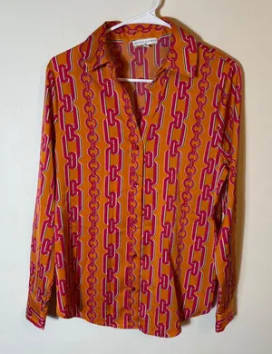 Maison d'Amelie Chain Print‎ Blouse Top Orange Pink Long Sleeve Size Small thumbnail 1