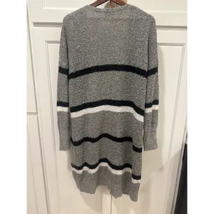 Mudpie Gray Striped Open Front Long Cardigan M/L Sweater Knit Pockets Winter thumbnail 4