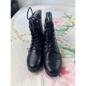 Wild Pair Peeta Black Combat‎ Boots Knit Cuff Gold Zip Cap Toe womens 7 thumbnail 4
