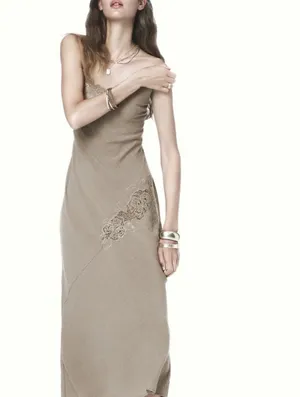 Zara Tan Lace Strappy Embroidered Midi Slip Dress thumbnail 10