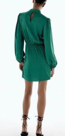 Zara Green Satin Mock Neck Faux Wrap Mini Dress Small Long Sleeve 1165/259 thumbnail 2