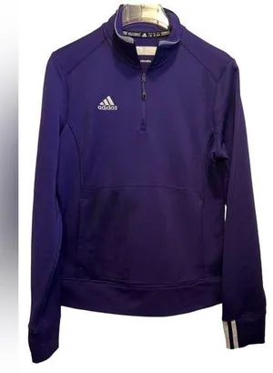 Adidas Climalite Jacket Half Zip Thumb Hold Sleeves, Purple w White Stripes, L thumbnail 1