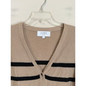 La Ligne Cardigan Women Size S Tan Black Striped Linen Cropped V-Neck thumbnail 5