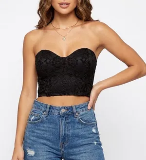 Naked Wardrobe Womens Black Lace Bustier Crop Top Sweetheart NWSP20-T7 Small thumbnail 1