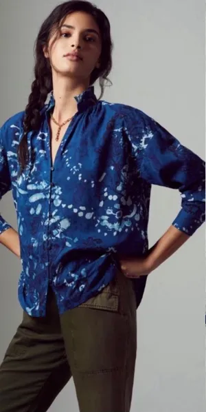 Anthropologie Pilcro The Tavi Ruffled Button Down Blouse Blue Batik Floral Small thumbnail 1