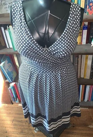 Lands End navy and white polka dot v-neck knit travelcore S dress thumbnail 1