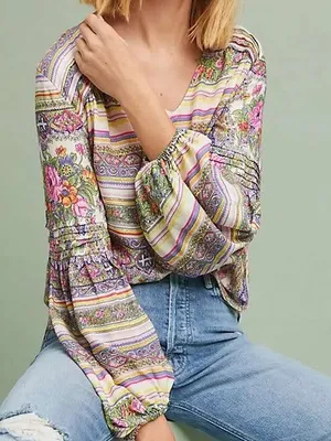 Anthropologie Maeve Gorgeous Boho Floral Puff Sleeve‎ Ceresco Peasant Top thumbnail 2