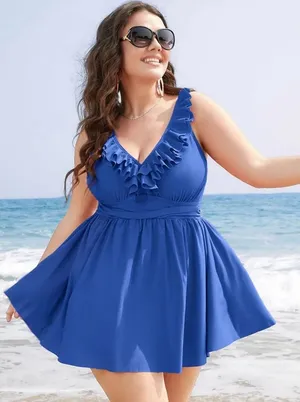 NWT BloomChic Ruffle Adjustable Straps Gathered Sculpt Waist Swim Dress 14-16/1X thumbnail 1