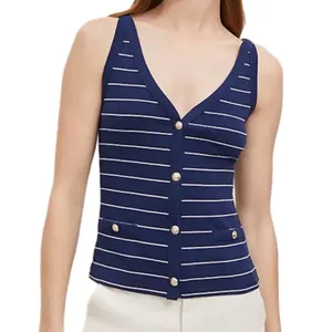 Ann Taylor Striped Vest Preppy Lady Tank Top Button Front V-Neck Knit S M L NEW thumbnail 2