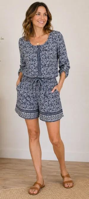 LOFT Romper Size 0 Blue White Paisley Print Long Sleeve‎ Roll Tab One Piece EUC thumbnail 1