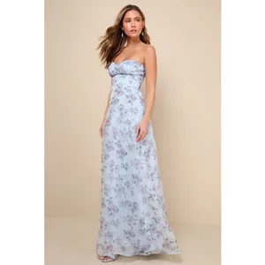 NWT Lulus Chic Preciousness Light Blue Floral Organza Bustier Maxi Dress Size XS thumbnail 7