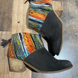 Toms ankle boots booties yarn embellished boho 7.5 brown‎ leather suede Leila thumbnail 2