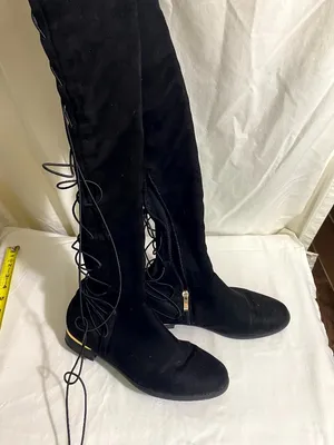 Women’s Black Over The Knee Lace Up Boots Size 9 Faux Suede Gold Accent Low Heel thumbnail 1
