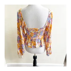 Billabong Blouse Womens Medium Multicolor Floral Smocked Cropped Sweetheart Neck thumbnail 2