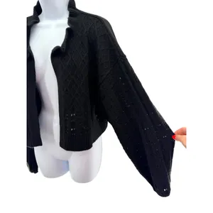Flat White Black Metallic Cable‎ Knit Shrug Cardigan Ruffle Neck OS Cozy Luxe thumbnail 2