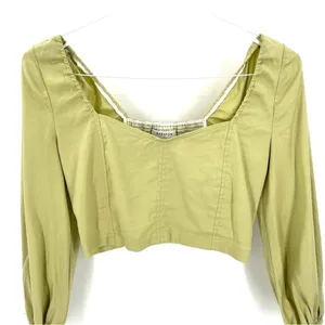 Aritzia Babaton GREEN Hadwyn Puff Sleeve Crop Sweetheart Neckline Linen Blouse thumbnail 3