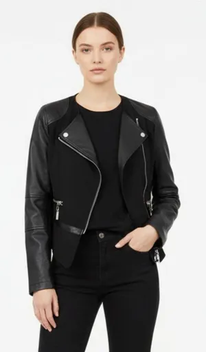 Cache Black Vegan Faux Leather Cropped Collarless Moto Zip Jacket XS thumbnail 1