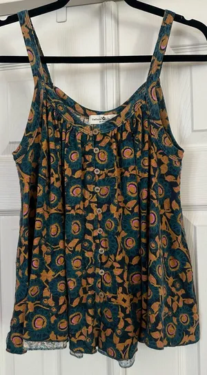 Natural Life Relaxed Button Down Tank Top Teal Dahlia Floral Boho Size S thumbnail 1