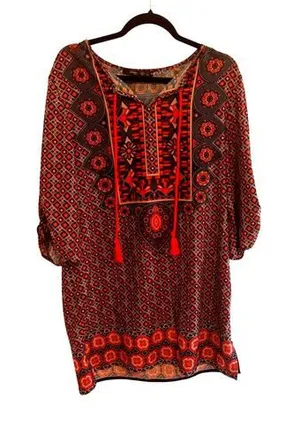 Urban Coco Boho Tunic‎ Dress Red Orange Geometric Print Tassels Womens Size M thumbnail 1