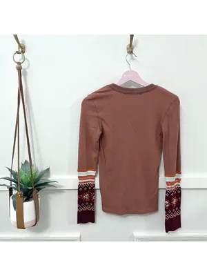 Free People Mikah Notch Neck Long Sleeve Blouse Autumn Orange Thermal Size S thumbnail 6