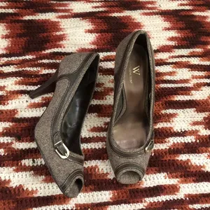 Worthington Office Siren Core Brown Plaid Hereingbone open peep toe heels pumps buckle -7M Great condition thumbnail 4