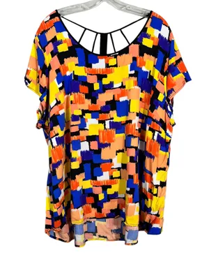 Cato Plus Size Multicolored Art Deco Funky Pattern Open Cutout Back Blouse 26/28 thumbnail 1