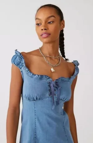 Urban Outfitters Nayda Denim Ruffle Lace up Stretch Mini Dress womens XS new thumbnail 5