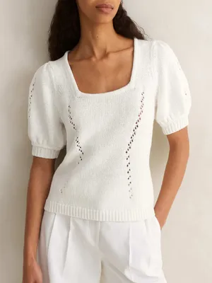 Me + Em Chunky Cotton Square Neck Top White Size XS thumbnail 1