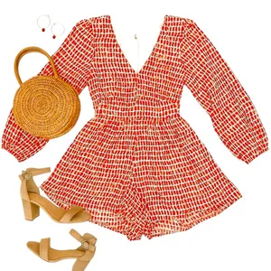 Altar’d State Orange Red Plaid Smocked Romper Women’s Medium Balloon Sleeve EUC thumbnail 6