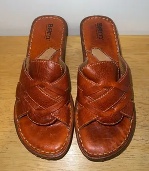 Born Women's Cognac Brown Woven Leather Slide Platform Wedge Sandals Size 7 thumbnail 1