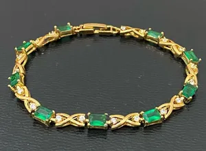 Unsigned Gold-tone Emerald Green & Clear CZ Stone 7.5” Tennis Bracelet 8.7g thumbnail 4