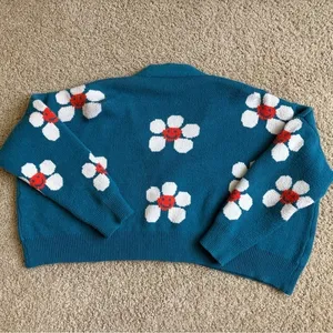 Cute Blue Knit Cardigan with Daisy Smile Flowers Kawaii‎ Y2K Cozy Top size S thumbnail 6