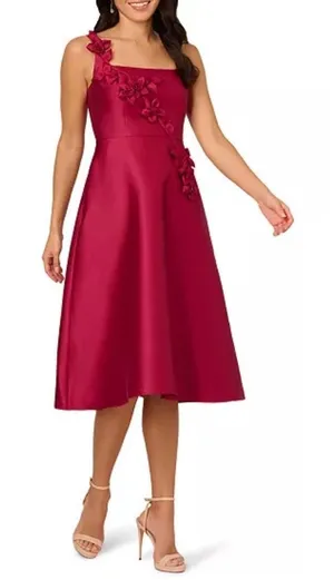 Adrianna‎ Papell Mikado 3D Flower Midi Dress Plum Red Fit Flare Pockets Sz 4 thumbnail 1