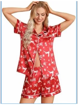 NEW Satin Pajamas Christmas Button Down Shorts Pajamas PJ Set Sleepwear XL thumbnail 1