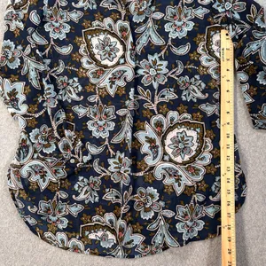 Loft Women's Small Floral Paisley Sheer Tunic Blouse Navy/Brown V-Neck thumbnail 5
