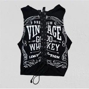 Windsor Graphic Tank Top Womens Small Black Whiskey Lace Up Front Vintage Style thumbnail 3